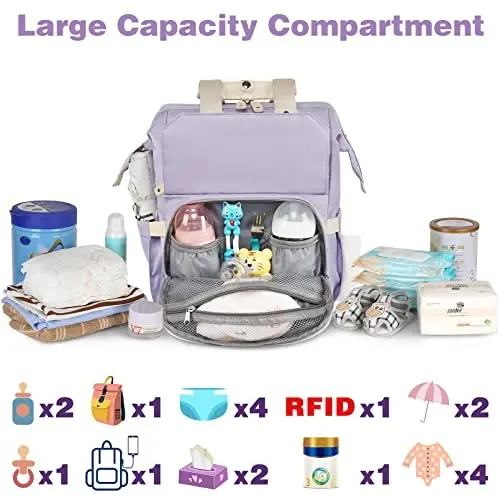 Jiefeike Diaper Bag Backpack, Binafsha Rangli Sayohat Ryukzaki, Ota Ona O'g'il Qizlar Uchun, Izolyatsiya Qilingan Cho'ntaklar, USB Zaryadlash Porti bilan Portativ Go'dak Pampers Sumkalari, RFID O'g'irlikka Qarshi Suv o'tkazmaydigan Cho'ntak Aravachasi Tasmaları - 2