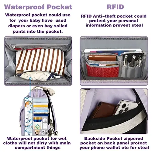 Jiefeike Diaper Bag Backpack, Binafsha Rangli Sayohat Ryukzaki, Ota Ona O'g'il Qizlar Uchun, Izolyatsiya Qilingan Cho'ntaklar, USB Zaryadlash Porti bilan Portativ Go'dak Pampers Sumkalari, RFID O'g'irlikka Qarshi Suv o'tkazmaydigan Cho'ntak Aravachasi Tasmaları - 5