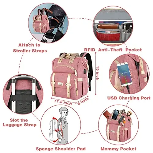 Jiefeike Diaper Bag Backpack, Pink Baby Girls Diaper Bag for Mom, Travel Baby Bags Backpack for Women, Insulated Pockets Portable toddler diaper bag with USB Charging Port, RFID Anti-Theft Pocket 