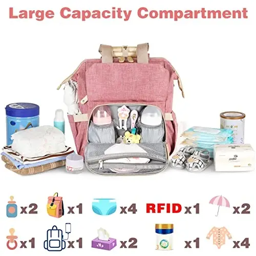 Jiefeike Diaper Bag Backpack, Pink Baby Girls Diaper Bag for Mom, Travel Baby Bags Backpack for Women, Insulated Pockets Portable toddler diaper bag with USB Charging Port, RFID Anti-Theft Pocket - 2