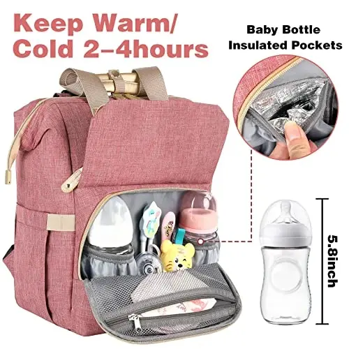 Jiefeike Diaper Bag Backpack, Pink Baby Girls Diaper Bag for Mom, Travel Baby Bags Backpack for Women, Insulated Pockets Portable toddler diaper bag with USB Charging Port, RFID Anti-Theft Pocket - 3