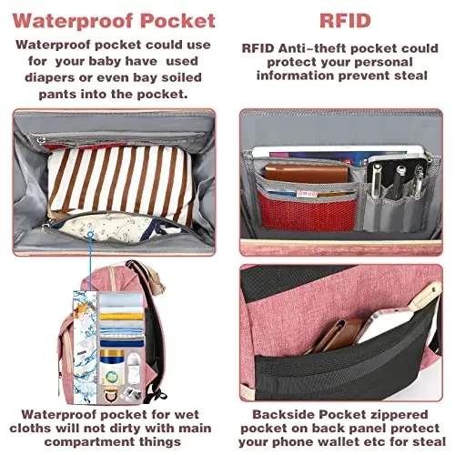 Jiefeike Diaper Bag Backpack, Pink Baby Girls Diaper Bag for Mom, Travel Baby Bags Backpack for Women, Insulated Pockets Portable toddler diaper bag with USB Charging Port, RFID Anti-Theft Pocket - 5