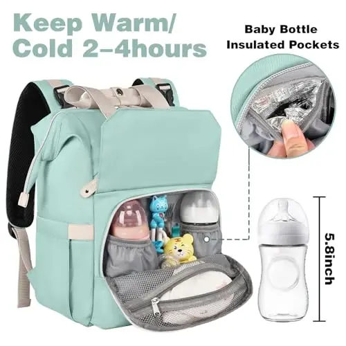 Jiefeike Diaper Bag Backpack, Yashil taglik sumkalari chaqaloq qiz bola uchun, qiz taglik sumkasi ryukzaki, USB zaryadlash porti bilan izolyatsiya qilingan cho'ntaklar Portativ taglik sumkasi, RFID o'g'irlikka qarshi cho'ntak - 3