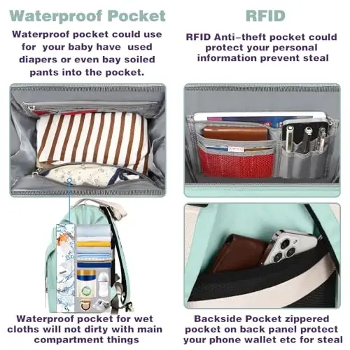 Jiefeike Diaper Bag Backpack, Yashil taglik sumkalari chaqaloq qiz bola uchun, qiz taglik sumkasi ryukzaki, USB zaryadlash porti bilan izolyatsiya qilingan cho'ntaklar Portativ taglik sumkasi, RFID o'g'irlikka qarshi cho'ntak - 4