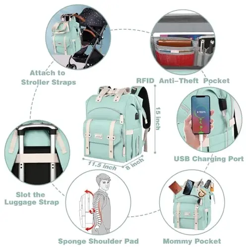 Jiefeike Diaper Bag Backpack, Yashil taglik sumkalari chaqaloq qiz bola uchun, qiz taglik sumkasi ryukzaki, USB zaryadlash porti bilan izolyatsiya qilingan cho'ntaklar Portativ taglik sumkasi, RFID o'g'irlikka qarshi cho'ntak - 6