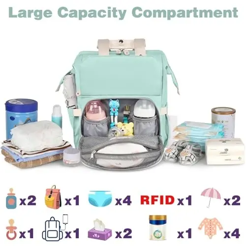 Jiefeike Diaper Bag Backpack, Yashil taglik sumkalari chaqaloq qiz bola uchun, qiz taglik sumkasi ryukzaki, USB zaryadlash porti bilan izolyatsiya qilingan cho'ntaklar Portativ taglik sumkasi, RFID o'g'irlikka qarshi cho'ntak - 2