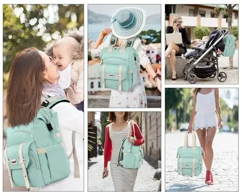 Jiefeike Diaper Bag Backpack, Yashil taglik sumkalari chaqaloq qiz bola uchun, qiz taglik sumkasi ryukzaki, USB zaryadlash porti bilan izolyatsiya qilingan cho'ntaklar Portativ taglik sumkasi, RFID o'g'irlikka qarshi cho'ntak - 7