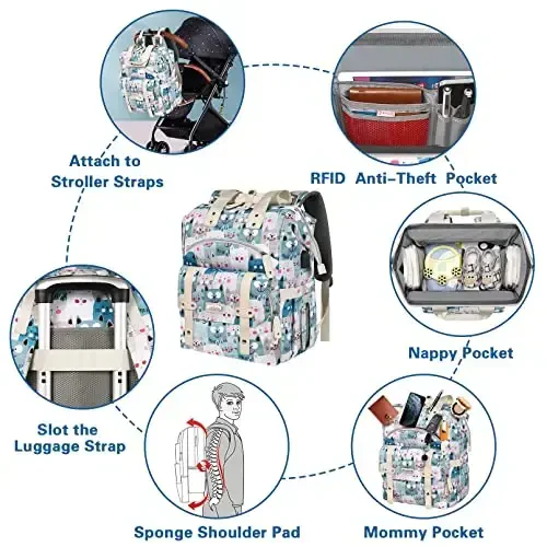 Jiefeike Diaper Bag Backpack,Baby Bags for Mom Dad Girls Boys,15.6inch Cat Dog Travel Baby Diaper Bags with Insulated Pockets,USB Charging Port,RFID Anti-Theft Water-Resistant Pocket - 6