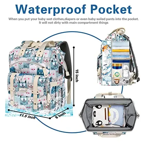 Jiefeike Diaper Bag Backpack,Baby Bags for Mom Dad Girls Boys,15.6inch Cat Dog Travel Baby Diaper Bags with Insulated Pockets,USB Charging Port,RFID Anti-Theft Water-Resistant Pocket - 4