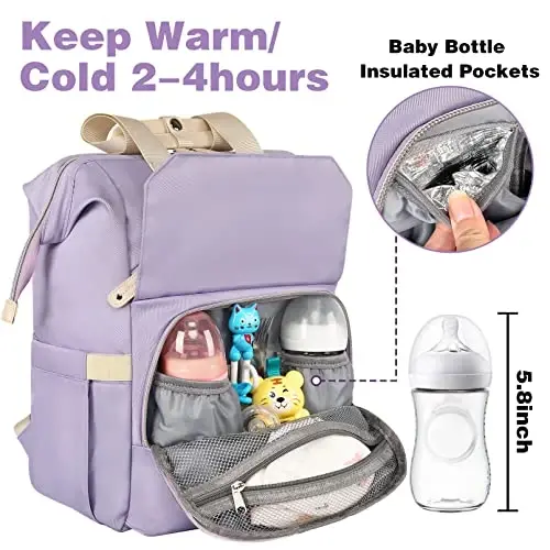 Jiefeike Diaper Bag Backpack,Purple Travel Backpack for Dad Mom Boys Girls,Insulated Pockets Portable Baby Nappy Bags with USB Charging Port,RFID Anti-Theft Water-Resistant Pocket Stroller Straps - 3