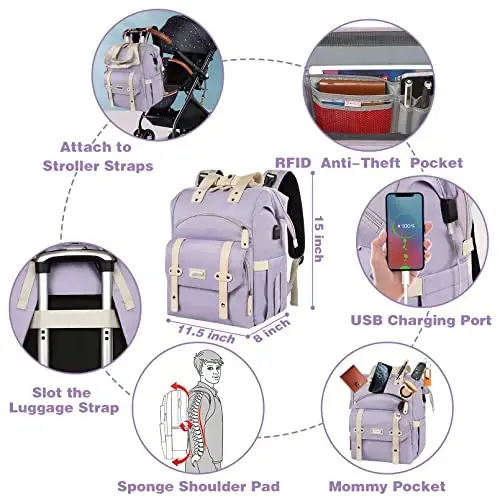 Jiefeike Diaper Bag Backpack,Purple Travel Backpack for Dad Mom Boys Girls,Insulated Pockets Portable Baby Nappy Bags with USB Charging Port,RFID Anti-Theft Water-Resistant Pocket Stroller Straps - 6