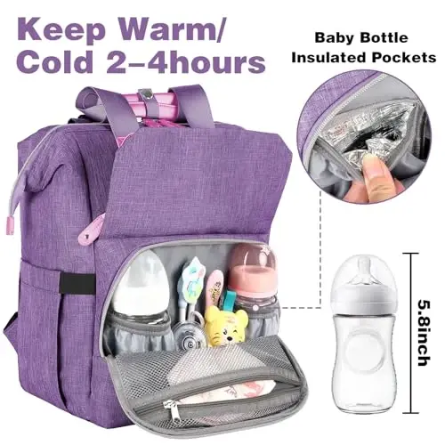 Jiefeike Diaper Bag Ryukzagi, Binafsha rangli chaqaloq sumkasi Oyi Dada Qizlar Bolalar uchun, 15.6 dyuymli qizcha taglik sumkasi Izolyatsiya qilingan cho'ntaklar, USB zaryadlash porti, RFID o'g'irlikka qarshi suv o'tkazmaydigan cho'ntak - 3