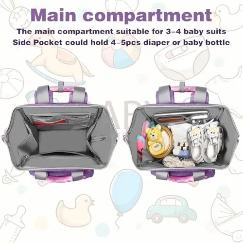 Jiefeike Diaper Bag Ryukzagi, Binafsha rangli chaqaloq sumkasi Oyi Dada Qizlar Bolalar uchun, 15.6 dyuymli qizcha taglik sumkasi Izolyatsiya qilingan cho'ntaklar, USB zaryadlash porti, RFID o'g'irlikka qarshi suv o'tkazmaydigan cho'ntak - 6