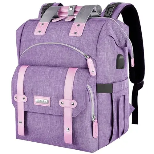 Jiefeike Diaper Bag Ryukzagi, Binafsha rangli chaqaloq sumkasi Oyi Dada Qizlar Bolalar uchun, 15.6 dyuymli qizcha taglik sumkasi Izolyatsiya qilingan cho'ntaklar, USB zaryadlash porti, RFID o'g'irlikka qarshi suv o'tkazmaydigan cho'ntak - 1