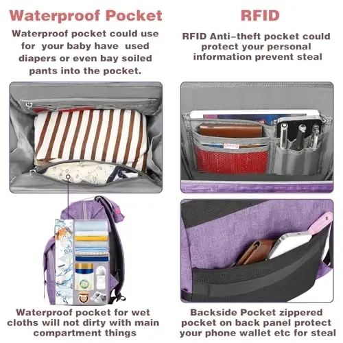 Jiefeike Diaper Bag Ryukzagi, Binafsha rangli chaqaloq sumkasi Oyi Dada Qizlar Bolalar uchun, 15.6 dyuymli qizcha taglik sumkasi Izolyatsiya qilingan cho'ntaklar, USB zaryadlash porti, RFID o'g'irlikka qarshi suv o'tkazmaydigan cho'ntak - 4