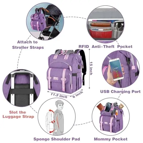 Jiefeike Diaper Bag Ryukzagi, Binafsha rangli chaqaloq sumkasi Oyi Dada Qizlar Bolalar uchun, 15.6 dyuymli qizcha taglik sumkasi Izolyatsiya qilingan cho'ntaklar, USB zaryadlash porti, RFID o'g'irlikka qarshi suv o'tkazmaydigan cho'ntak - 5