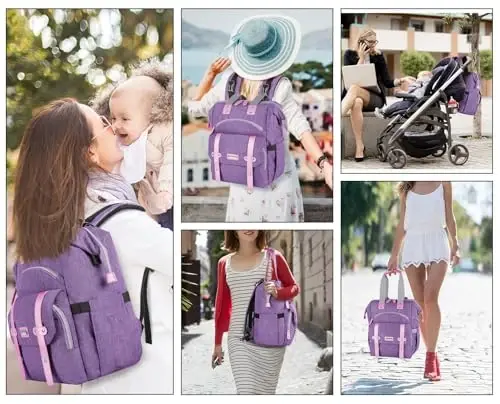 Jiefeike Diaper Bag Ryukzagi, Binafsha rangli chaqaloq sumkasi Oyi Dada Qizlar Bolalar uchun, 15.6 dyuymli qizcha taglik sumkasi Izolyatsiya qilingan cho'ntaklar, USB zaryadlash porti, RFID o'g'irlikka qarshi suv o'tkazmaydigan cho'ntak - 7