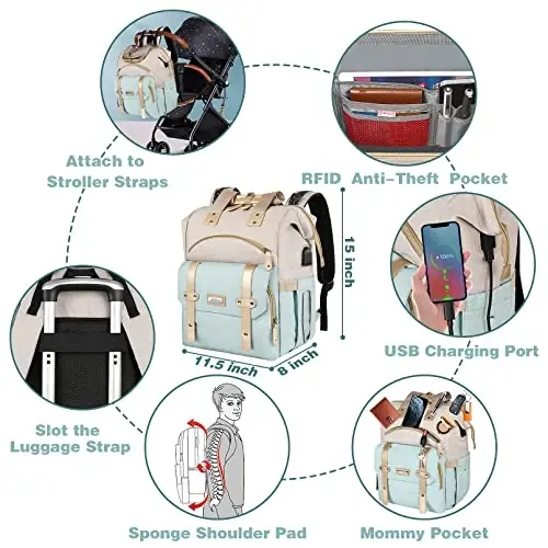 Jiefeike Girls Diaper Backpack,Travel Backpack Diaper Bag for Dad Mom Baby Boys,Insulated Pockets Portable Baby Nappy Bags with USB Charging Port,RFID Anti-Theft Water-Resistant Pocket Stroller Straps - 6