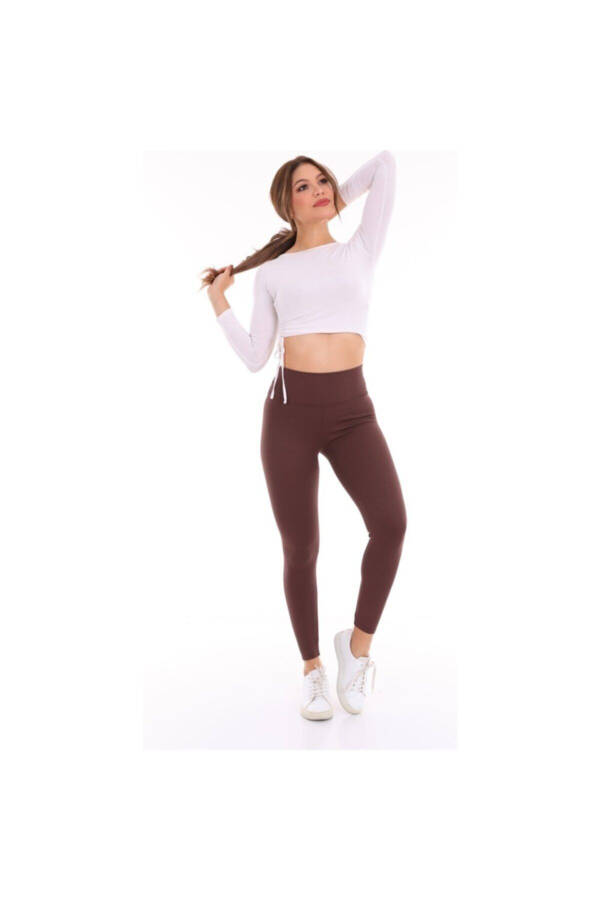 Jigarrang chiziqli baland belli leggins - 3