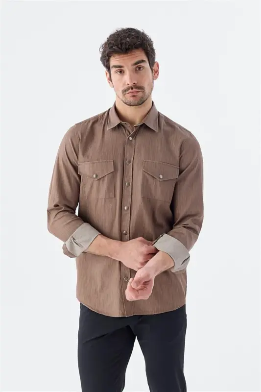 Jigarrang Comfort Fit cho'ntakli tugmachali 100% paxtali jinsi ko'ylak - 3