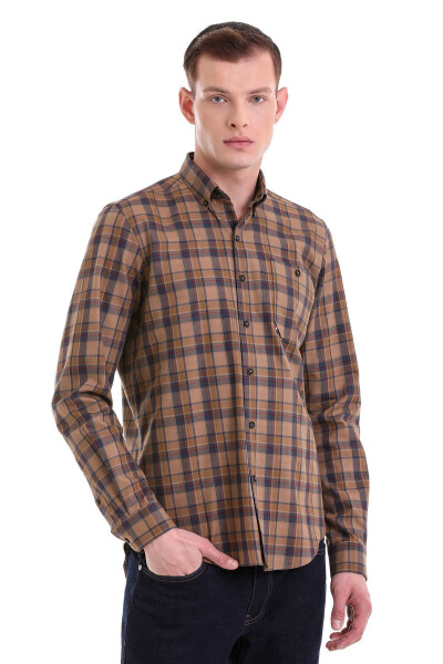 Jigarrang Comfort Fit Katakli 100% Paxtalik Tugmali - HATEMOĞLU