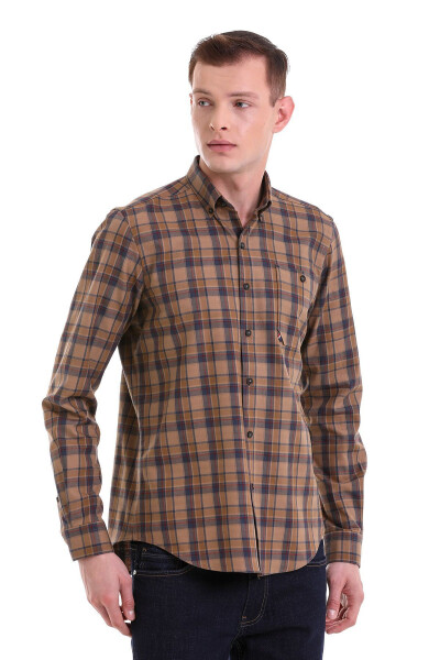 Jigarrang Comfort Fit Katakli 100% Paxtalik Tugmali - 4