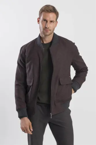 Jigarrang Comfort Fit Kollej Yoqali Chiziqli Kurtka - 1