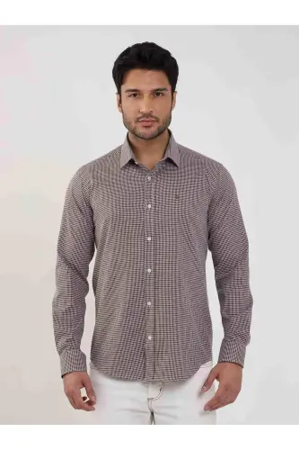 Jigarrang Erkaklar Slim Fit Nuqta Brent Yoqasi Uzun Yengli Ko'ylak - 101854 - DUFY (1)