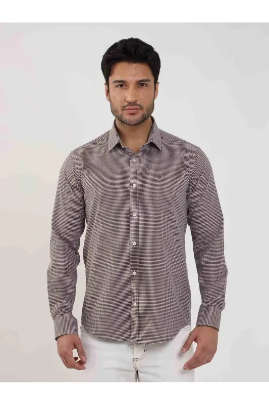 Jigarrang Erkaklar Slim Fit Nuqta Brent Yoqasi Uzun Yengli Ko'ylak - 101854 - 2