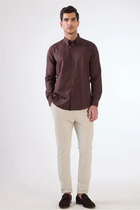 Jigarrang Erkaklar Slim Fit Oddiy Tugmachali Yoqa Uzun Yengli Ko'ylak - 101344 - 1