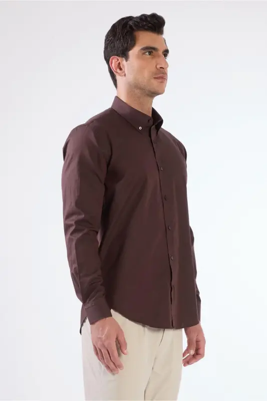 Jigarrang Erkaklar Slim Fit Oddiy Tugmachali Yoqa Uzun Yengli Ko'ylak - 101344 - 2