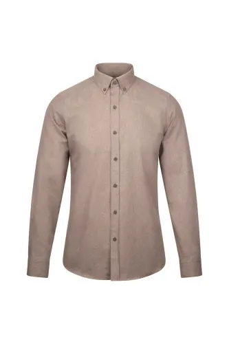 Jigarrang Slim Fit uzun qo'lli tugmali yoqali paxtali ko'ylak - Jigarrang 