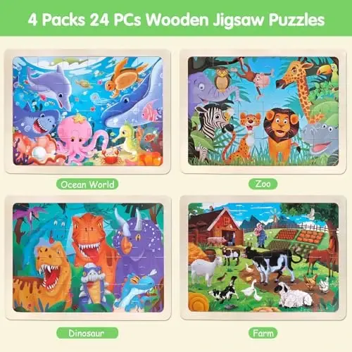 Jigsaw boshqotirmalari 3-5 yoshdagi bolalar uchun yog'och boshqotirmalari Maktabgacha ta'lim miya o'yinlari taxtalari Bolalar o'yinchoqlari Dinozavr fermasi hayvonot bog'i dengiz olami 3 4 5 6 yoshli o'g'il bolalar uchun sovg'alar 4 to'plam 24 dona - 3