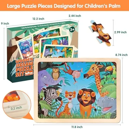 Jigsaw boshqotirmalari 3-5 yoshdagi bolalar uchun yog'och boshqotirmalari Maktabgacha ta'lim miya o'yinlari taxtalari Bolalar o'yinchoqlari Dinozavr fermasi hayvonot bog'i dengiz olami 3 4 5 6 yoshli o'g'il bolalar uchun sovg'alar 4 to'plam 24 dona - 6