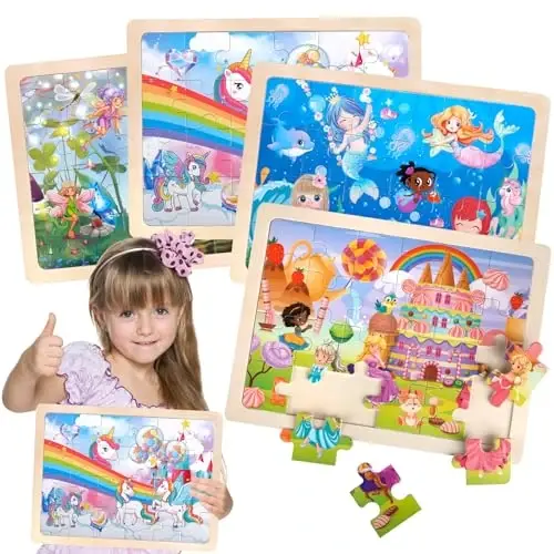 Jigsaw boshqotirmalari 3-5 yoshdagi qizlar uchun yog'och boshqotirmalari Unicorn Suv parisi malika peri boshqotirmasi Maktabgacha ta'lim aqliy o'yin taxtalari 3 4 5 6 yoshli bolalar uchun o'yinchoqlar Sovg'alar 4 to'plam 24 dona - JIGSAW