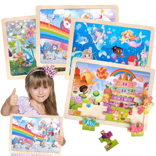 Jigsaw Puzzles Wooden Puzzles for Girls Ages 3-5 Unicorn Mermaid Princess Fairy Puzzle Preschool Educational Brain Teaser Boards Toys Gifts for 3 4 5 6 Year Old Kids 4 Packs 24 Pcs - 1