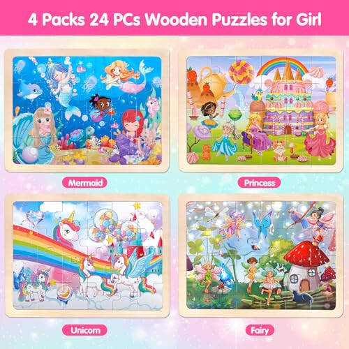 Jigsaw Puzzles Wooden Puzzles for Girls Ages 3-5 Unicorn Mermaid Princess Fairy Puzzle Preschool Educational Brain Teaser Boards Toys Gifts for 3 4 5 6 Year Old Kids 4 Packs 24 Pcs - 3