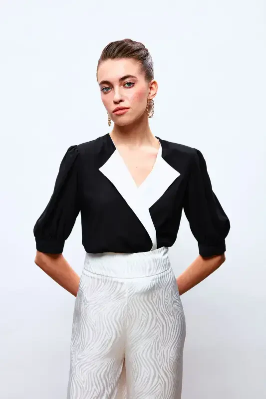 Jilet Yaka Bodysuit Ko'ylagi - QORA - SATEEN