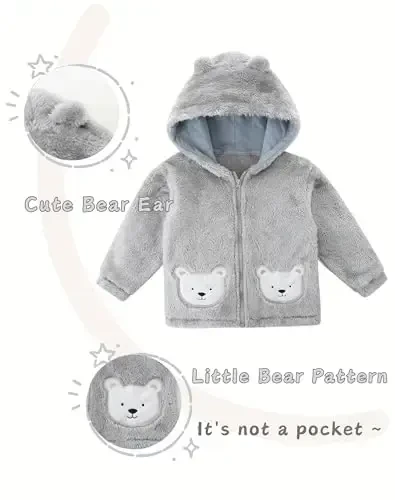 JingleBaBa Unisex Baby Fleece Jacket Winter Sherpa Lined Hoodie For Girls Boys Cute Bear Ear Baby Outerwear 12M-5T - 1