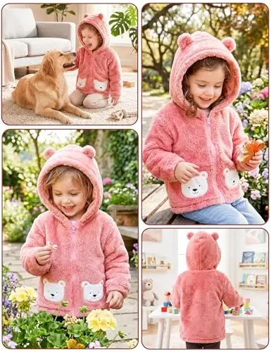 JingleBaBa Unisex Baby Fleece Kurtka Qishki Sherpa Astarli Kapüşonli Qizlar uchun O'g'il bolalar Yoqimli Ayiq Qulog'i Baby Ustki Kiyim 12M-5T - 1