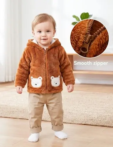 JingleBaBa Unisex Baby Fleece Kurtka Qishki Sherpa Astarlı Kapüşonlu Qizlar O'g'il Bolalar uchun Yoqimli Ayiq Quloqli Chaqaloq Ustki Kiyim 12M-5T - 1