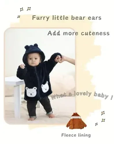 JingleBaBa Unisex Baby Fleece Kurtka Qishki Sherpa Astarlı Kapüşonlu Qizlar O'g'il Bolalar uchun Yoqimli Ayiq Quloqli Chaqaloq Ustki Kiyim 12M-5T - 4