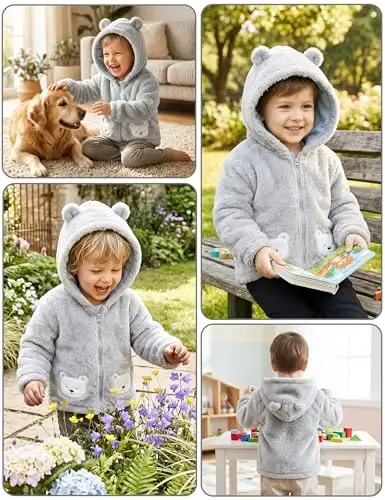 JingleBaBa Unisex Baby Fleece Kurtka Qishki Sherpa Astarlı Kapüşonlu Qizlar uchun Bolalar Yoqimli Ayiq Quloq Bolalar Ustki Kiyimi 12M-5T - JINGLEBABA