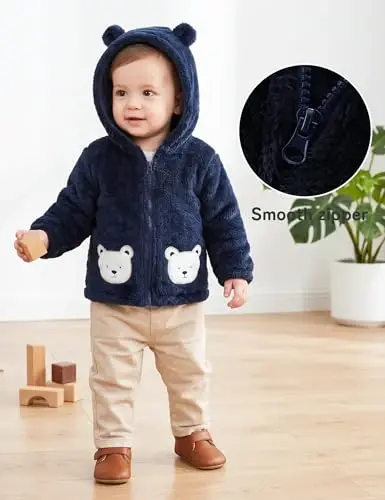 JingleBaBa Unisex Baby Fleece Jacket Winter Sherpa Lined Hoodie For Girls Boys Cute Bear Ear Baby Outerwear 12M-5T - JINGLEBABA (1)