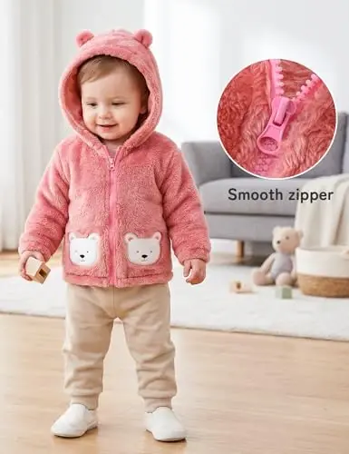 JingleBaBa Unisex Baby Fleece Jacket Winter Sherpa Lined Hoodie For Girls Boys Cute Bear Ear Baby Outerwear 12M-5T - JINGLEBABA (1)