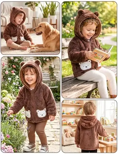 JingleBaBa Unisex Baby Fleece Jacket Winter Sherpa Lined Hoodie For Girls Boys Cute Bear Ear Baby Outerwear 12M-5T 