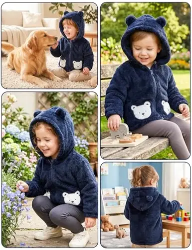 JingleBaBa Unisex Chaqaloq Jun Kurtkasi Qishki Sherpa Astarlı Kapüşonlu Qizlar Bolalar uchun Yoqimli Ayiq Quloq Chaqaloq Ustki Kiyim 12M-5T - 1