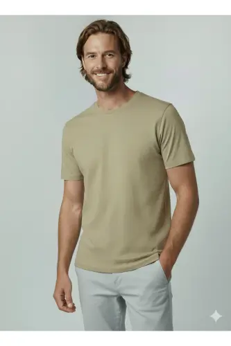 J&J Bisiklet Yaka Günlük Tişört - Khaki-Corian 
