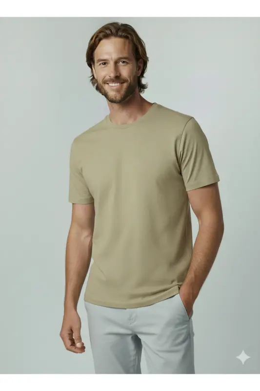 J&J Bisiklet Yaka Günlük Tişört - Khaki-Corian - 1