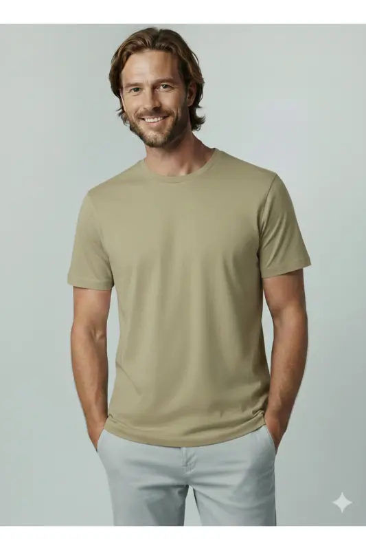 J&J Bisiklet Yaka Günlük Tişört - Khaki-Corian - 6